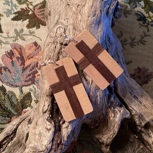 Handmade Rectangular Mixed Wood / Cross Earrings
